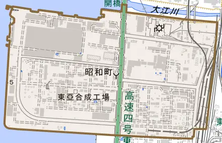 昭和町とその周辺の地図。町の範囲を重ねている