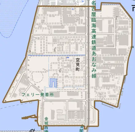空見町とその周辺の地図。町の範囲を重ねている