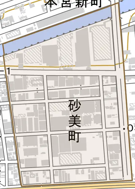 砂美町とその周辺の地図。町の範囲を重ねている