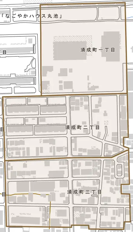 須成町とその周辺の地図。町の範囲を重ねている