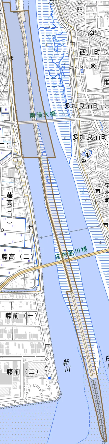 南陽町大字七島新田とその周辺の地図。町の範囲を重ねている