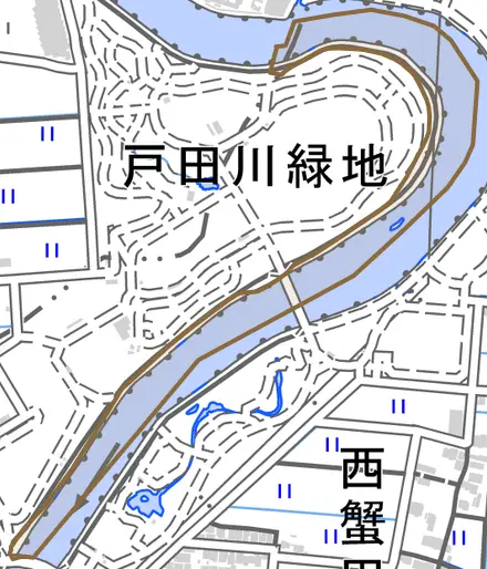 南陽町大字西福田とその周辺の地図。町の範囲を重ねている