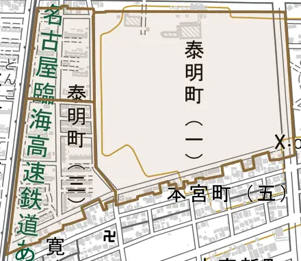 泰明町とその周辺の地図。町の範囲を重ねている