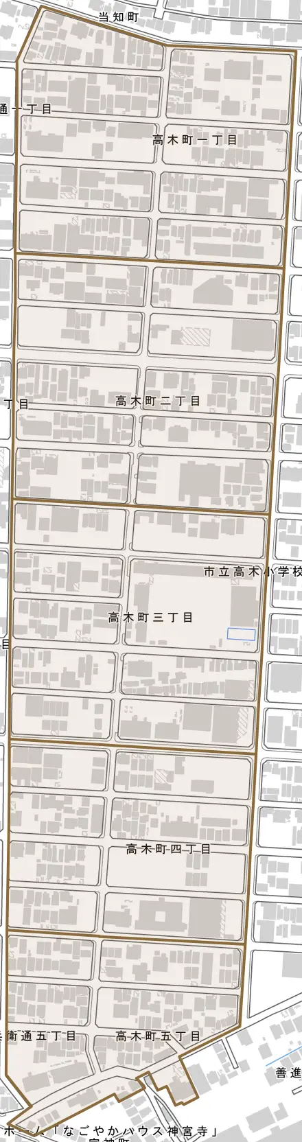 高木町とその周辺の地図。町の範囲を重ねている