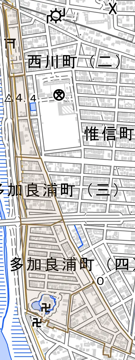多加良浦町とその周辺の地図。町の範囲を重ねている