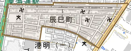 辰巳町とその周辺の地図。町の範囲を重ねている