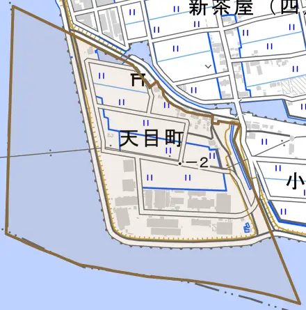 天目町とその周辺の地図。町の範囲を重ねている