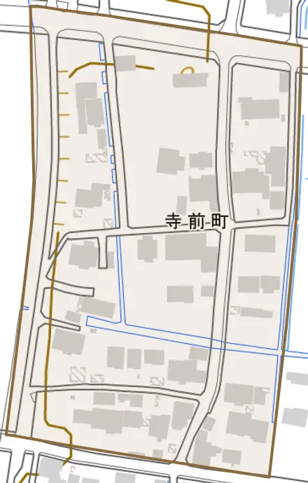 寺前町とその周辺の地図。町の範囲を重ねている