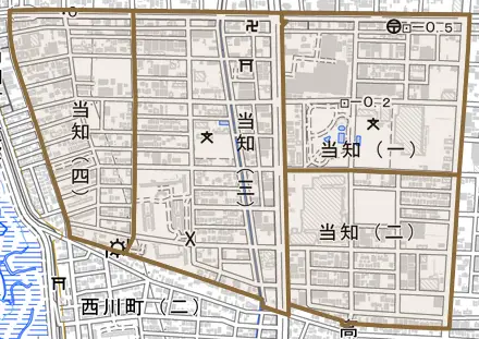 当知とその周辺の地図。町の範囲を重ねている