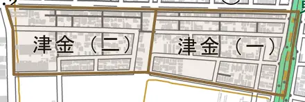 津金とその周辺の地図。町の範囲を重ねている