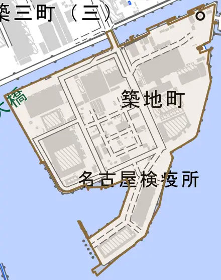 築地町とその周辺の地図。町の範囲を重ねている