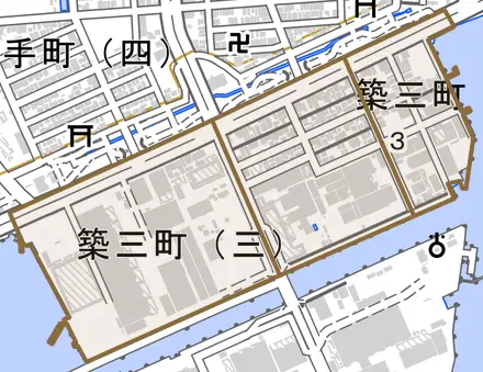 築三町とその周辺の地図。町の範囲を重ねている