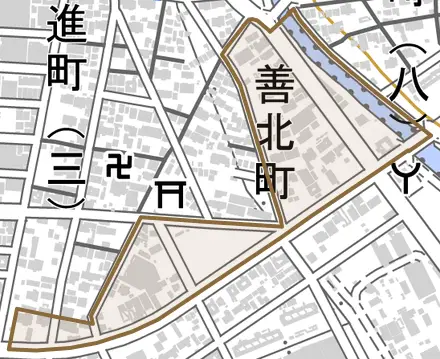 善北町とその周辺の地図。町の範囲を重ねている
