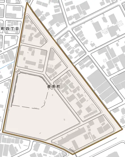 善南町とその周辺の地図。町の範囲を重ねている