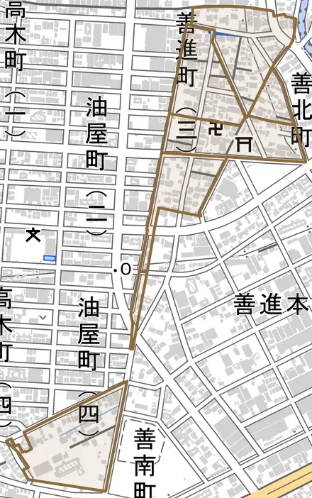 善進町とその周辺の地図。町の範囲を重ねている