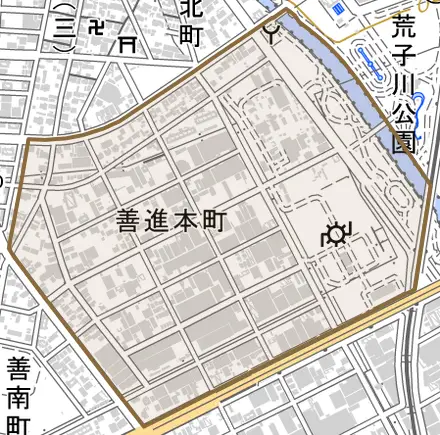 善進本町とその周辺の地図。町の範囲を重ねている