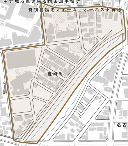 荒崎町とその周辺の地図。町の範囲を重ねている