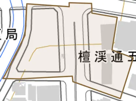 檀渓通とその周辺の地図。町の範囲を重ねている