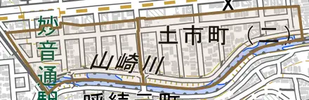 土市町とその周辺の地図。町の範囲を重ねている