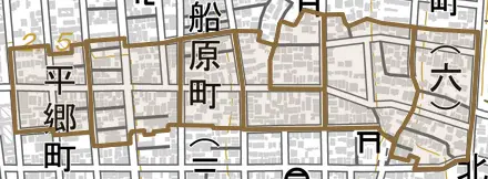 船原町とその周辺の地図。町の範囲を重ねている