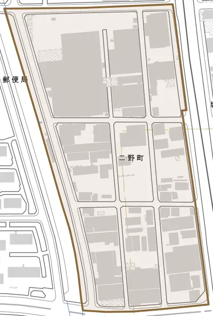 二野町とその周辺の地図。町の範囲を重ねている