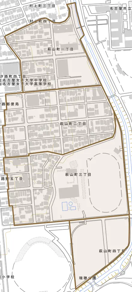 萩山町とその周辺の地図。町の範囲を重ねている