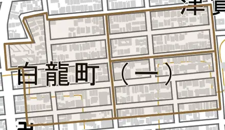 白龍町とその周辺の地図。町の範囲を重ねている