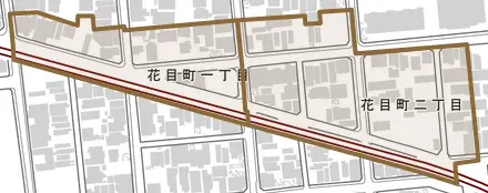 花目町とその周辺の地図。町の範囲を重ねている
