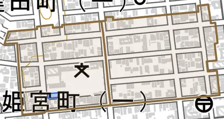 姫宮町とその周辺の地図。町の範囲を重ねている