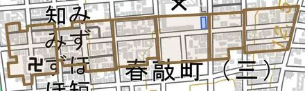 宝田町とその周辺の地図。町の範囲を重ねている