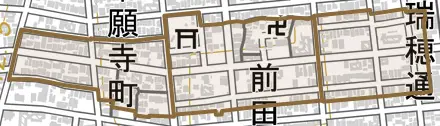 本願寺町とその周辺の地図。町の範囲を重ねている