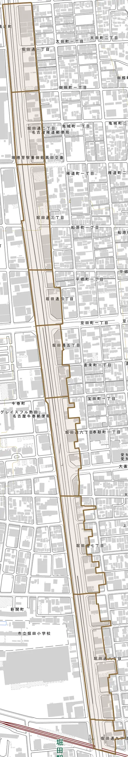 堀田通とその周辺の地図。町の範囲を重ねている