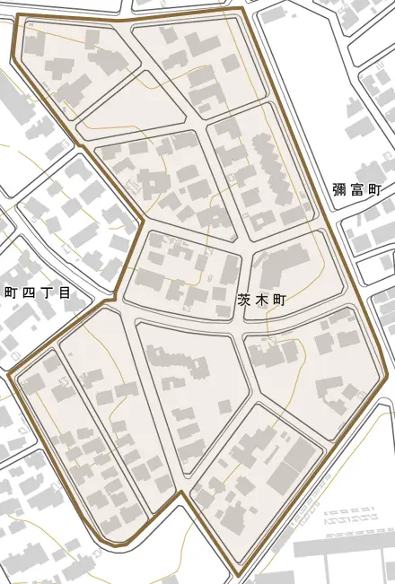 茨木町とその周辺の地図。町の範囲を重ねている