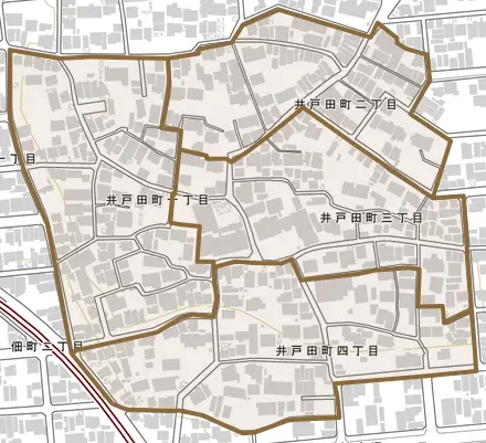井戸田町とその周辺の地図。町の範囲を重ねている