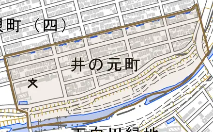井の元町とその周辺の地図。町の範囲を重ねている