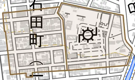 石田町とその周辺の地図。町の範囲を重ねている