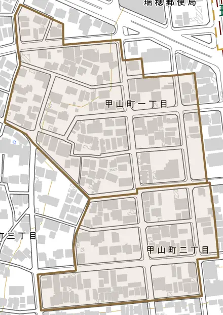 甲山町とその周辺の地図。町の範囲を重ねている