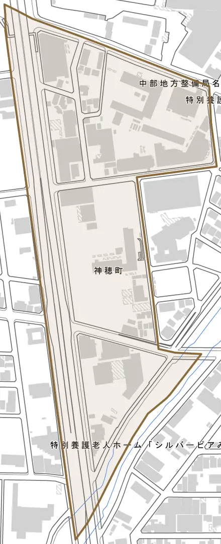 神穂町とその周辺の地図。町の範囲を重ねている