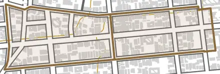 神前町とその周辺の地図。町の範囲を重ねている