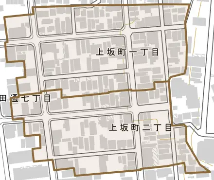 上坂町とその周辺の地図。町の範囲を重ねている
