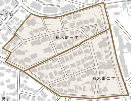 柏木町とその周辺の地図。町の範囲を重ねている