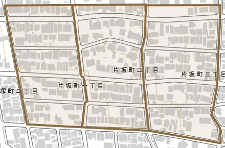 片坂町とその周辺の地図。町の範囲を重ねている