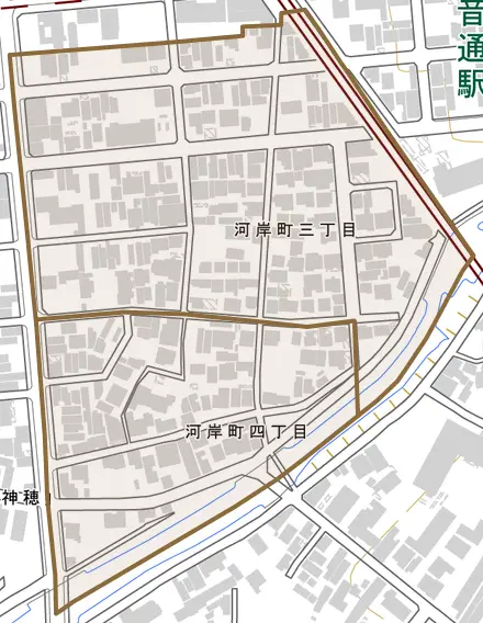 河岸町とその周辺の地図。町の範囲を重ねている