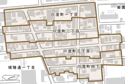 川澄町とその周辺の地図。町の範囲を重ねている