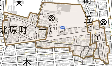 北原町とその周辺の地図。町の範囲を重ねている