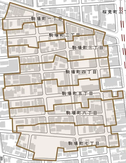 駒場町とその周辺の地図。町の範囲を重ねている
