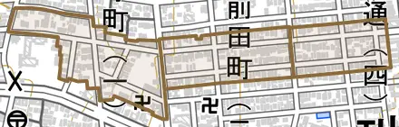 前田町とその周辺の地図。町の範囲を重ねている