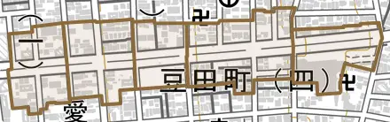 豆田町とその周辺の地図。町の範囲を重ねている