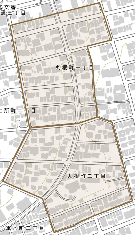 丸根町とその周辺の地図。町の範囲を重ねている