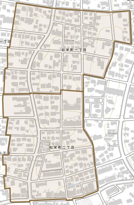松栄町とその周辺の地図。町の範囲を重ねている